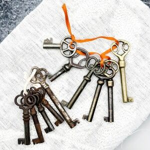 Lot of 11 Vintage Skeleton Keys Mixed Metal Rusty Brass Jewelry Craft Supply